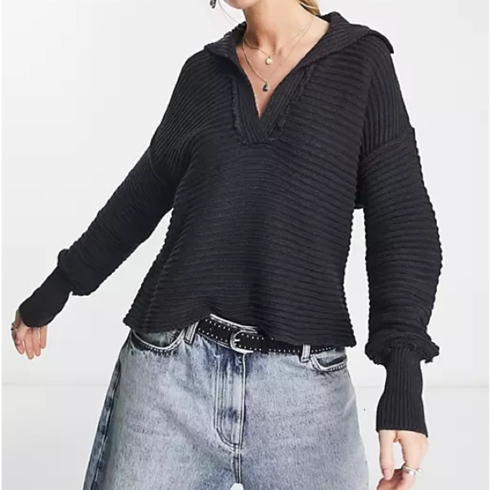 NWT Free People Marlie Deep V Ribbed Sweater in black